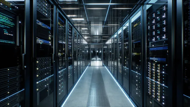 Data centre aisle between rows of server racks