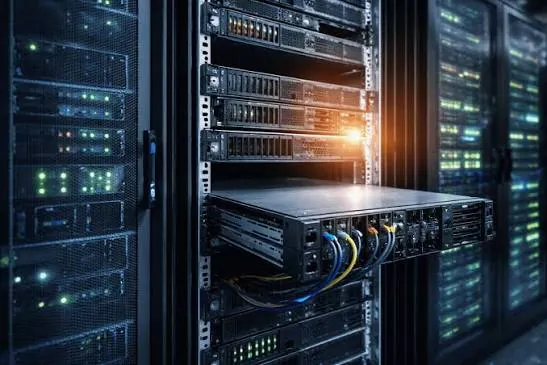 Server pulled out of a data centre rack with network cables connected